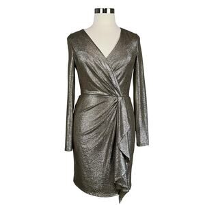Ralph Lauren Women's Cocktail Dress Size 14 Gold Metallic Long Sleeve Sheath